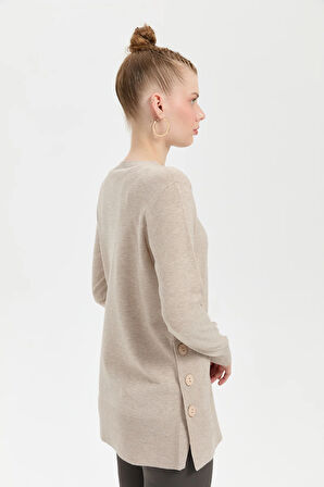 Kadın Sıfır Yaka Dikişsiz Yanları Düğmeli Simli Bluz Bej/Melanj