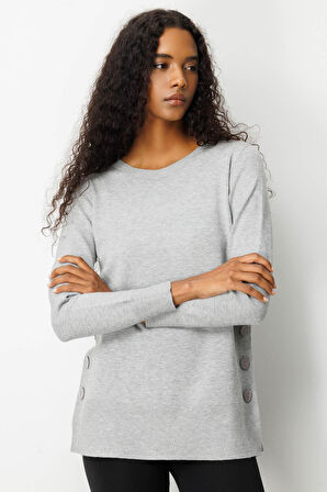 Kadın Sıfır Yaka Dikişsiz Yanları Düğmeli Simli Bluz Gri