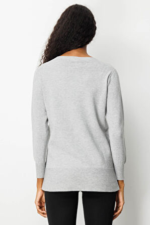 Kadın Sıfır Yaka Dikişsiz Yanları Düğmeli Simli Bluz Gri