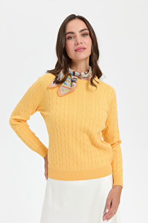 Kadın Sıfır Yaka Saç Örgülü Kazak Sarı