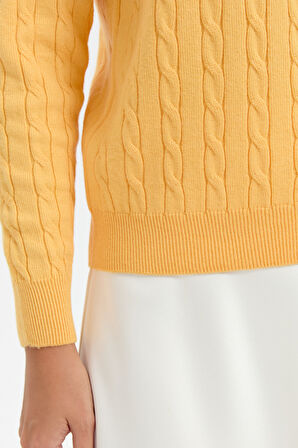 Kadın Sıfır Yaka Saç Örgülü Kazak Sarı