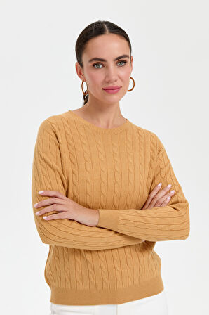 Kadın Sıfır Yaka Saç Örgülü Kazak Camel