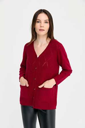 Kadın V Yaka Dikişsiz Önü Baklavalı Düğmeli Yün Hırka V.Çürüğü