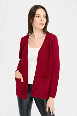 Kadın V Yaka Dikişsiz Önü Baklavalı Düğmeli Yün Hırka V.Çürüğü