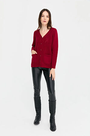 Kadın V Yaka Dikişsiz Önü Baklavalı Düğmeli Yün Hırka V.Çürüğü