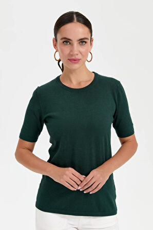 Kadın Likralı Kısa Kollu Sıfır Yaka Düz Bluz Nefti