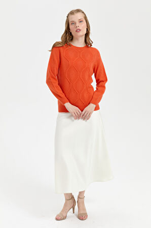 Kadın Sıfır Yaka Dikişsiz Önü Baklava Örgü Yün Kazak Portakal