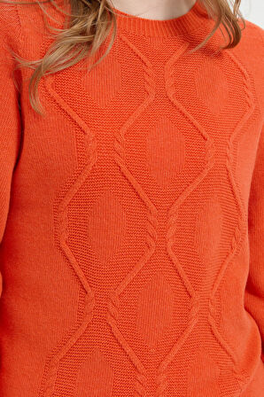 Kadın Sıfır Yaka Dikişsiz Önü Baklava Örgü Yün Kazak Portakal