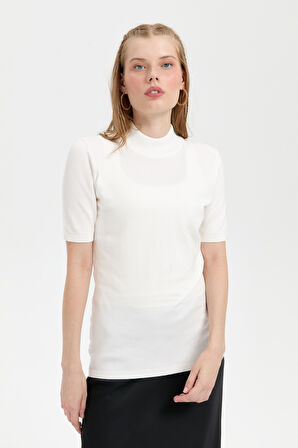 Kadın Likralı Kısa Kollu Yarım Balıkçı Bluz Kemik