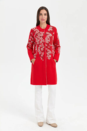 Kadın Dik Yaka Çiçekli Uzun Yün Kaban Mercan