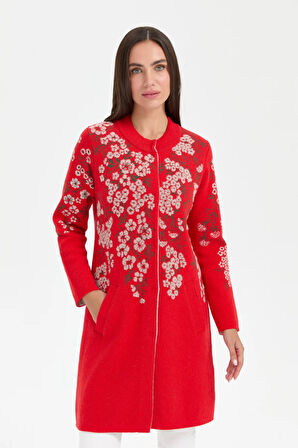 Kadın Dik Yaka Çiçekli Uzun Yün Kaban Mercan