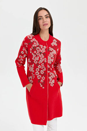 Kadın Dik Yaka Çiçekli Uzun Yün Kaban Mercan