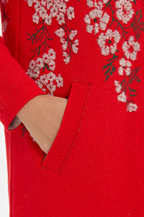 Kadın Dik Yaka Çiçekli Uzun Yün Kaban Mercan