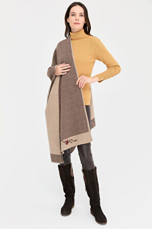 Kadın Üç Çiçekli Nakış İşlemeli Yün Şal K.Bej