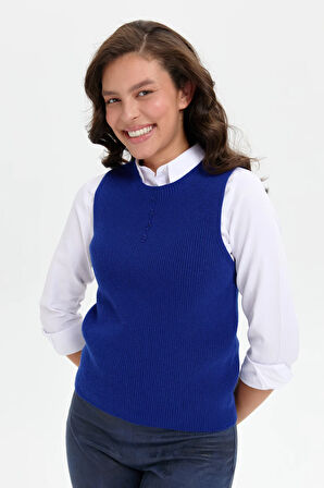 Kadın Sıfır Yaka Dikişsiz Önü Düğmeli Yün Süveter K.S.Mavi