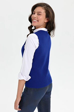 Kadın Sıfır Yaka Dikişsiz Önü Düğmeli Yün Süveter K.S.Mavi