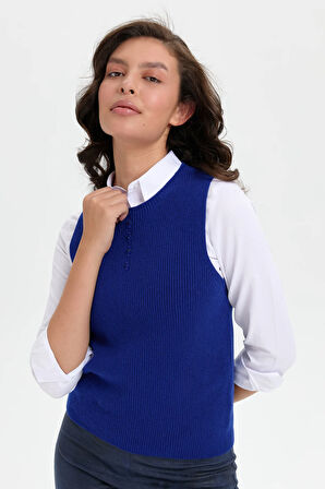 Kadın Sıfır Yaka Dikişsiz Önü Düğmeli Yün Süveter K.S.Mavi