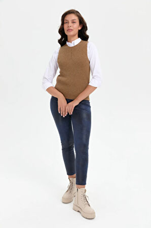 Kadın Sıfır Yaka Dikişsiz Önü Düğmeli Yün Süveter V.Camel