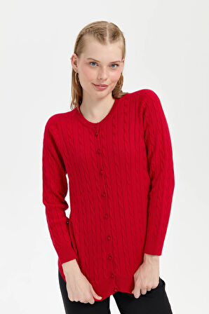 Kadın Sıfır Yaka Dikişsiz Saç Örgülü Hırka K.Kırmızı