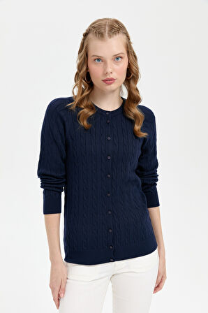 Kadın Sıfır Yaka Dikişsiz Saç Örgülü Hırka K.Lacivert