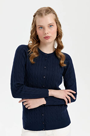 Kadın Sıfır Yaka Dikişsiz Saç Örgülü Hırka K.Lacivert