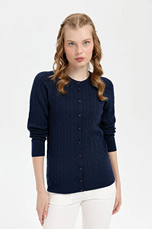 Kadın Sıfır Yaka Dikişsiz Saç Örgülü Hırka K.Lacivert