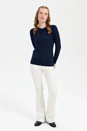 Kadın Sıfır Yaka Dikişsiz Saç Örgülü Hırka K.Lacivert