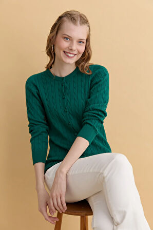 Kadın Sıfır Yaka Dikişsiz Saç Örgülü Hırka Ö.Başı