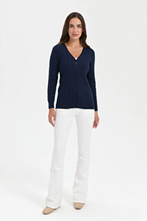 Kadın V Yaka Dikişsiz Saç Örgülü Hırka K.Lacivert