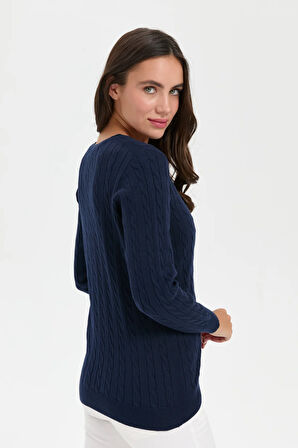 Kadın V Yaka Dikişsiz Saç Örgülü Hırka K.Lacivert