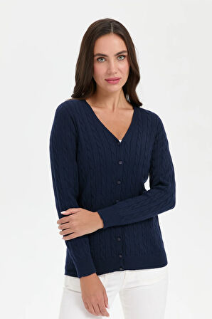 Kadın V Yaka Dikişsiz Saç Örgülü Hırka K.Lacivert