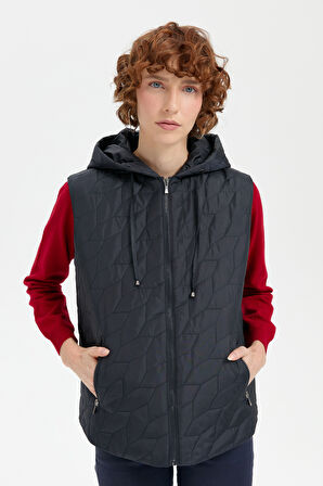 Kadın Kapüşonlu Yaprak Desenli Kısa Kapitone Yelek Lacivert