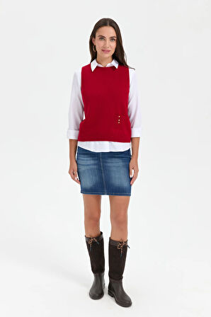 Kadın Sıfır Yaka Dikişsiz Cepli Yün Süveter K.Kırmızı