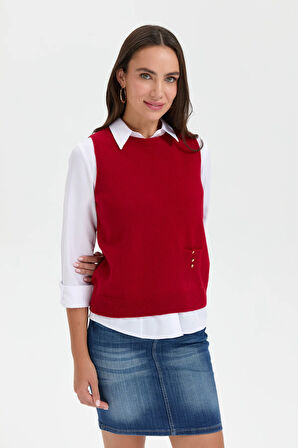 Kadın Sıfır Yaka Dikişsiz Cepli Yün Süveter K.Kırmızı