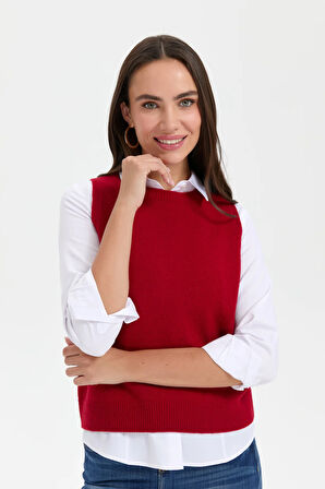 Kadın Sıfır Yaka Dikişsiz Cepli Yün Süveter K.Kırmızı