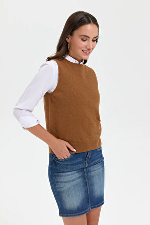 Kadın Sıfır Yaka Dikişsiz Cepli Yün Süveter K.taba