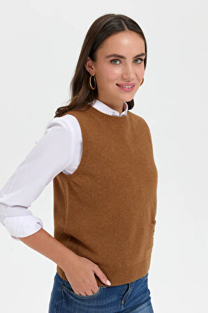 Kadın Sıfır Yaka Dikişsiz Cepli Yün Süveter K.taba