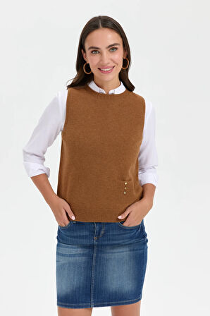 Kadın Sıfır Yaka Dikişsiz Cepli Yün Süveter K.taba