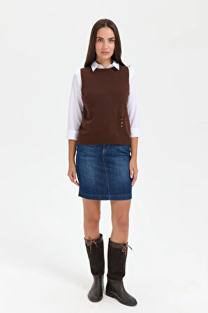 Kadın Sıfır Yaka Dikişsiz Cepli Yün Süveter M.Kahve