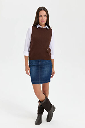 Kadın Sıfır Yaka Dikişsiz Cepli Yün Süveter M.Kahve