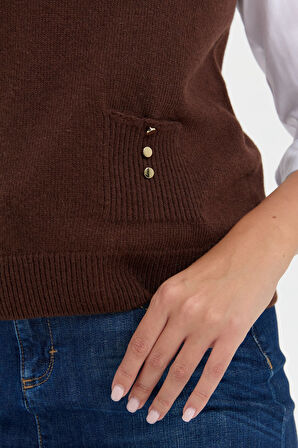 Kadın Sıfır Yaka Dikişsiz Cepli Yün Süveter M.Kahve