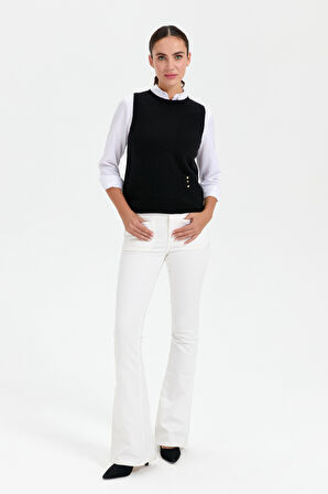 Kadın Sıfır Yaka Dikişsiz Cepli Yün Süveter Siyah