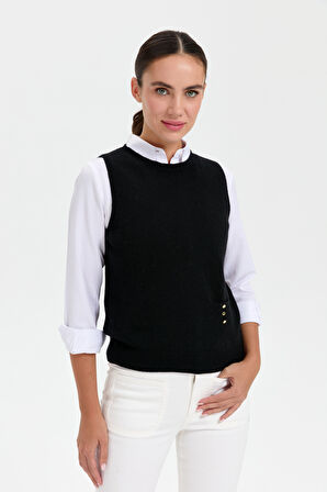 Kadın Sıfır Yaka Dikişsiz Cepli Yün Süveter Siyah