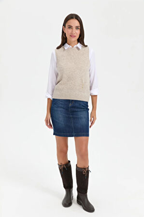 Kadın Sıfır Yaka Dikişsiz Cepli Yün Süveter V.Bej