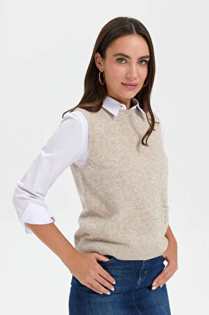 Kadın Sıfır Yaka Dikişsiz Cepli Yün Süveter V.Bej