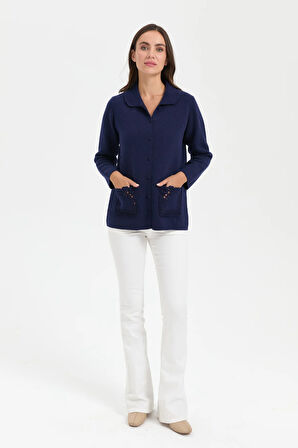 Kadın Polo Yaka Cebi Gül İşlemeli Kısa Yün Hırka Y.A Lacivert