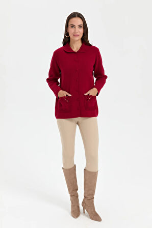 Kadın Polo Yaka Cebi Gül İşlemeli Kısa Yün Hırka V.Çürüğü