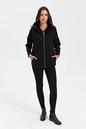 Kadın Kapüşonu Kürklü Fermuarlı Yün Hırka Siyah