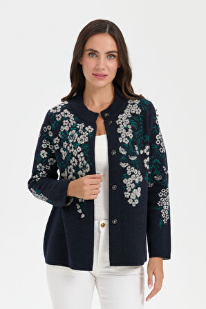 Kadın Dik Yaka Pıtırcık Çiçekli Yün Ceket K.Lacivert