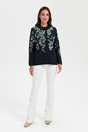 Kadın Dik Yaka Pıtırcık Çiçekli Yün Ceket K.Lacivert